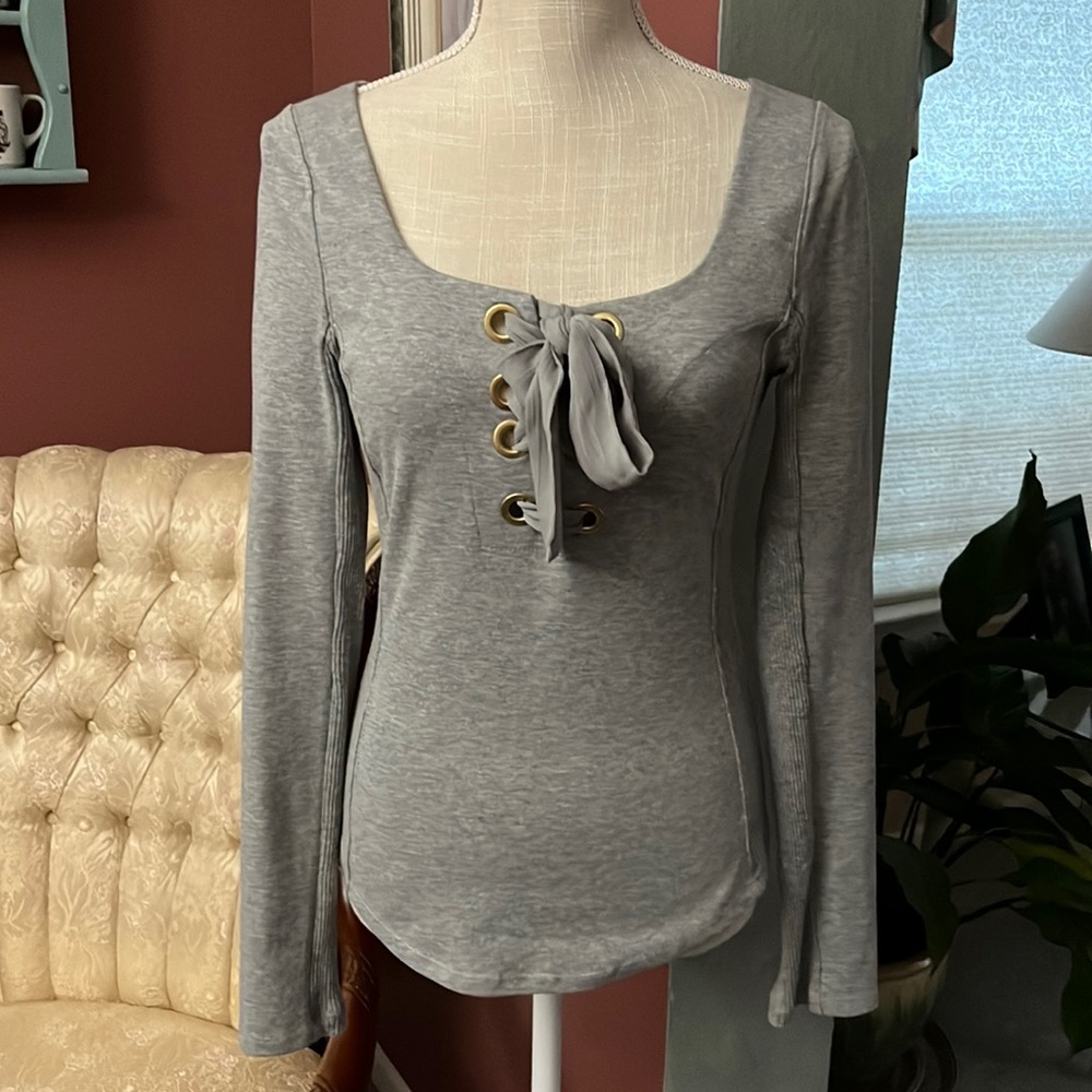 Free People Looking Back Lace-up Top, Grey, Size S
